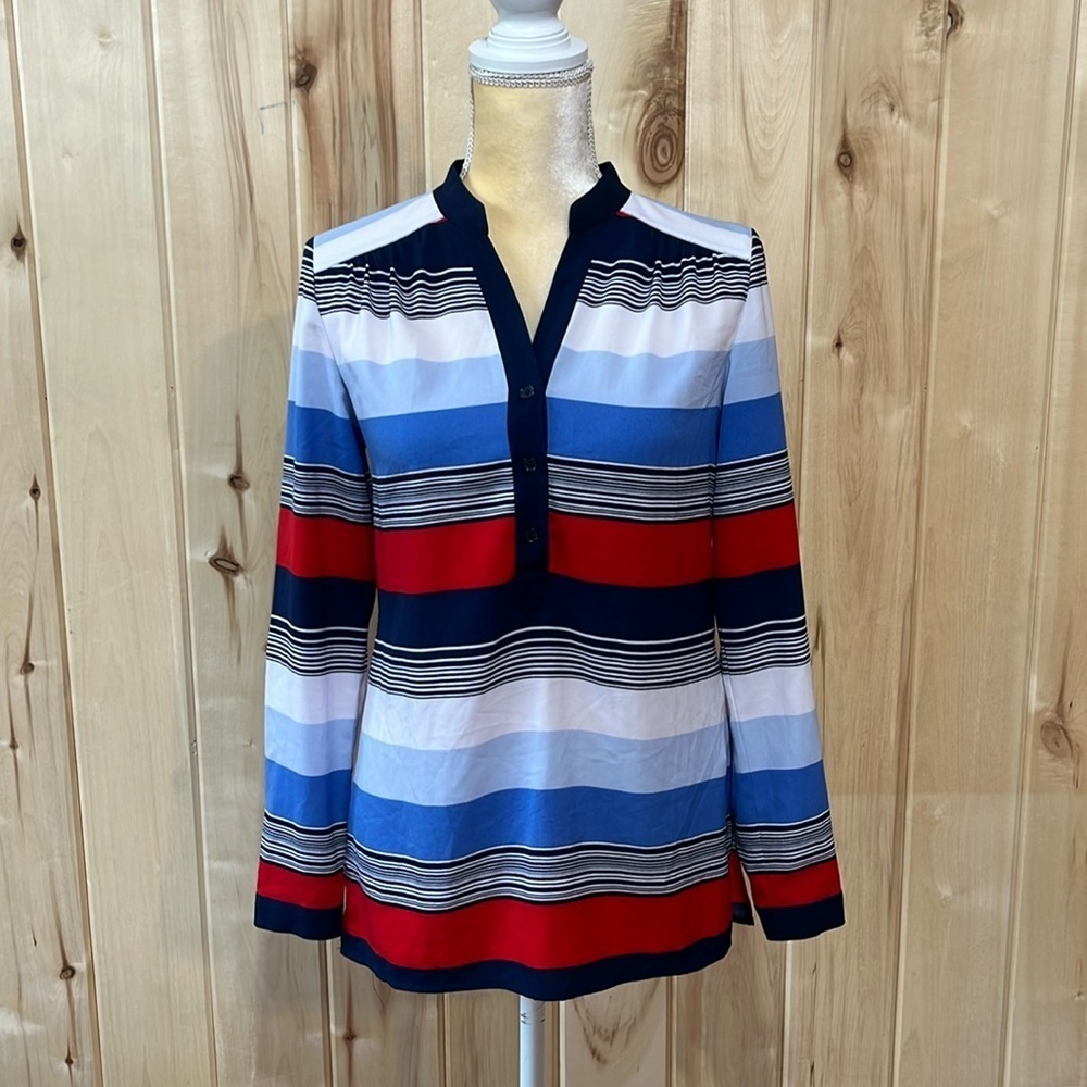 Brooks Brothers Red, White, Blue Nautical Striped Long Sleeve Blouse Size 2